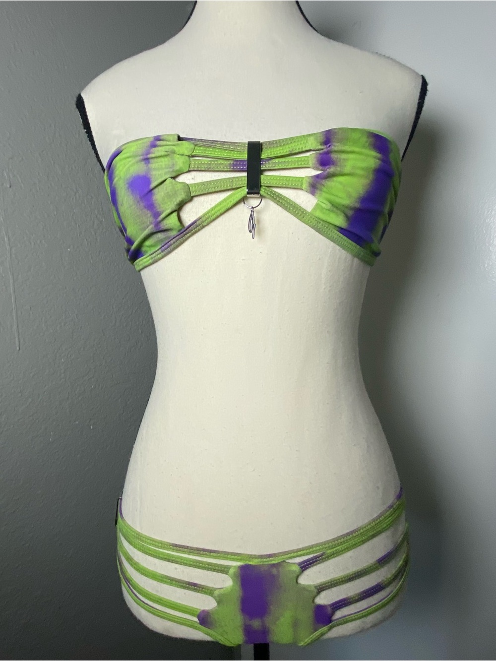Green & Purple Tie Dye Cutout Strappy Bandeau Bikini Set Size Small